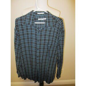 Perry Ellis Mens Plaid Button-Up Shirt L Blue Black Rayon Linen Long Sleeve